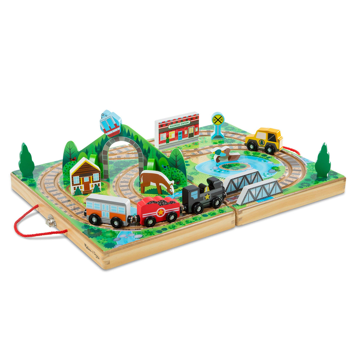 Melissa & Doug 17-Piece Wooden Take-Along Tabletop Railroad, 3 Trains, Truck, Play Pieces, Bridge - Wooden Train Sets For Kids Ages 3+ Melissa & Doug