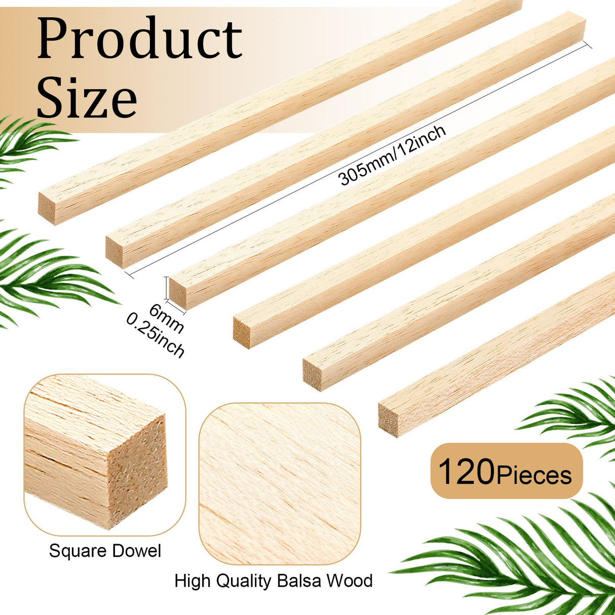 120 Pieces Balsa Wood Sticks 1/4 x 1/4 x 12 Inch Balsa Wood Strips Hardwood Square Wooden Dowels Unfinished Balsa Wood Strips for Craft DIY Supplies Yulejo