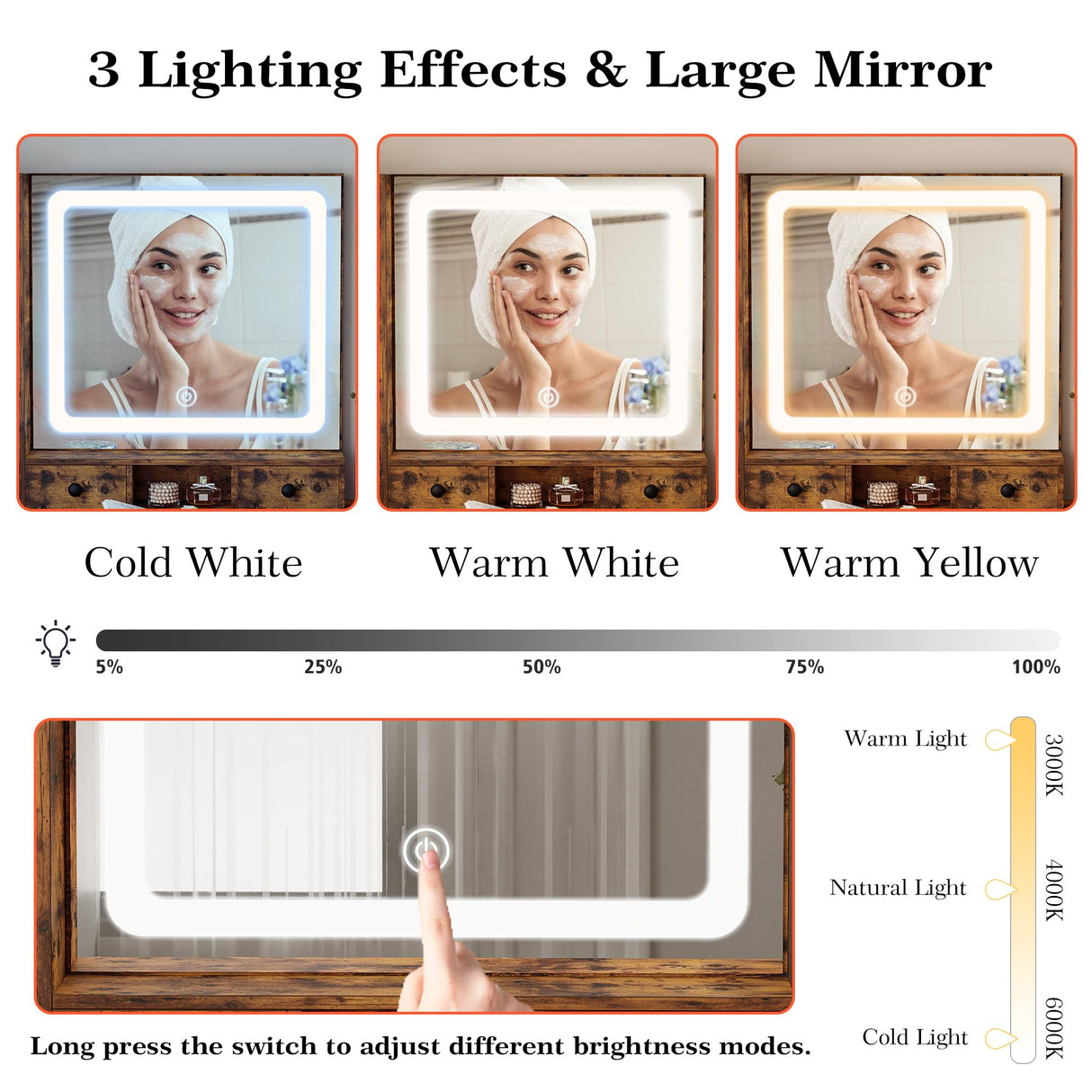 LIKIMIO Vanity Desk with Drawers & LED Lighted Mirror & Power Outlet & Cabinet, Storage Stool, Stylish Bedroom Makeup Table Set, Vintage Brown LIKIMIO