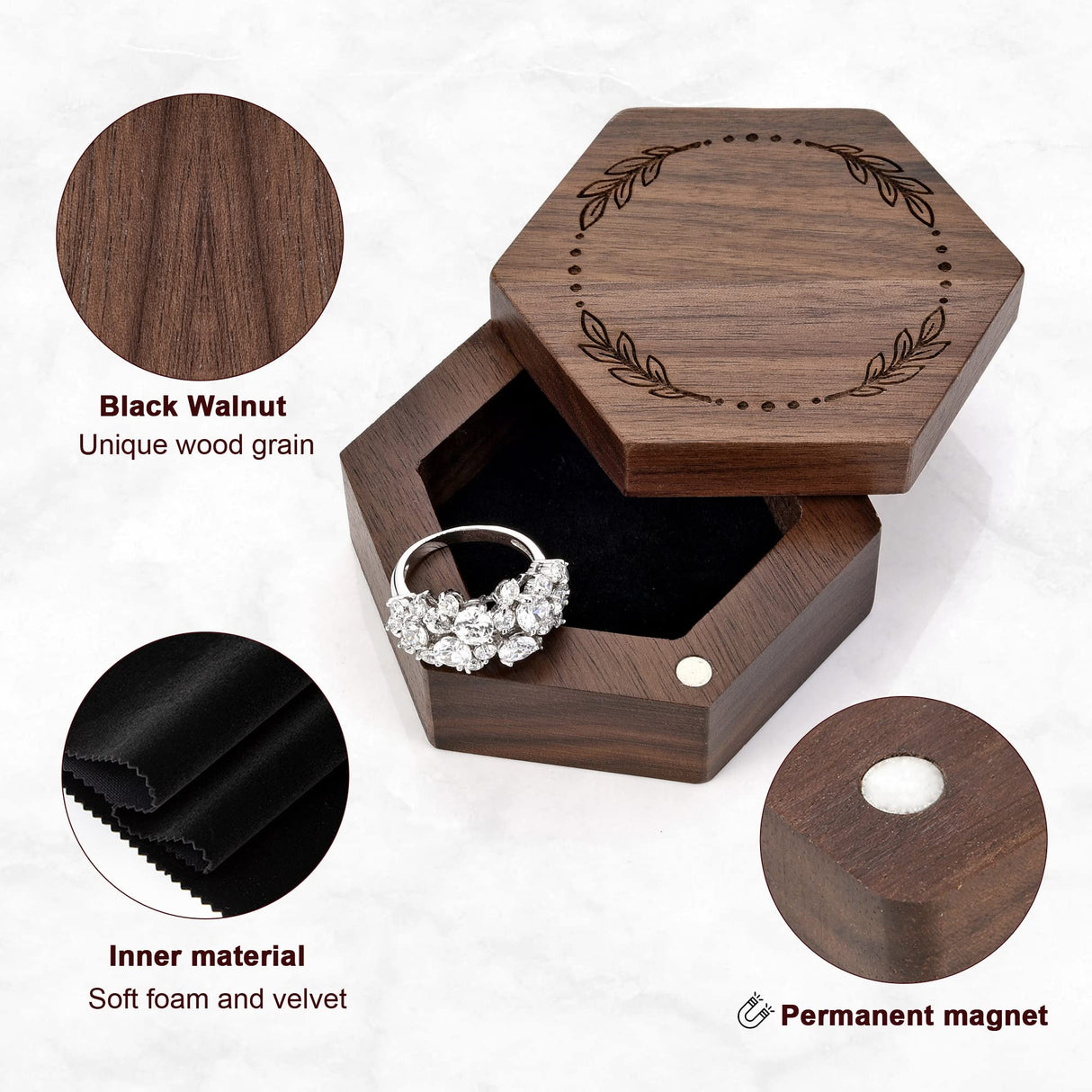 Yoption Wooden Ring Box, Handcrafted Walnut Wood Engraved Hexagon Ring Holder, Mr and Mrs Ring Box for Wedding Ceremony Anniversary Proposal Bearer Yoption