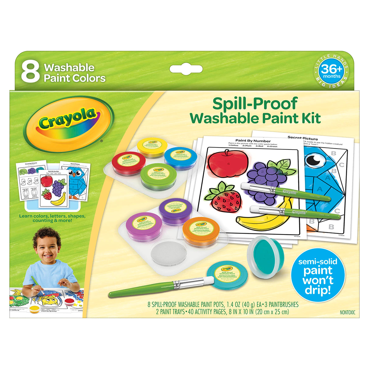 Crayola Spill Proof Paint Set (8ct), Washable Toddler Paint Kit, with Activity Pages, Kids Paint Brushes, Paint Pots, Ages 3+ Crayola