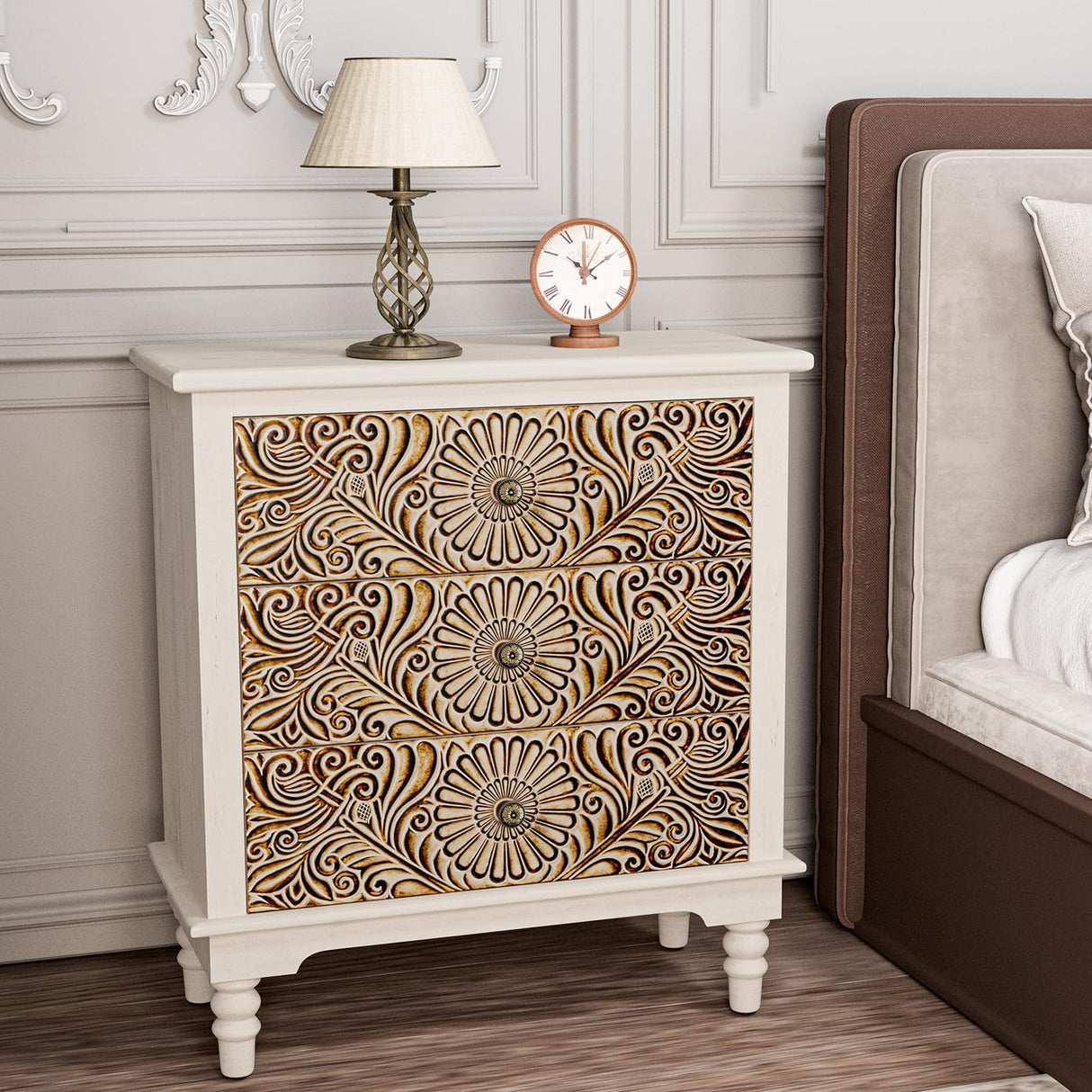 HOMPUS End Table w Flower Pattern, Nightstand w 3 Storage Drawers, Small Night Stand w Wood Grain Finish, Accent Table Side Table, Small Chest HOMPUS