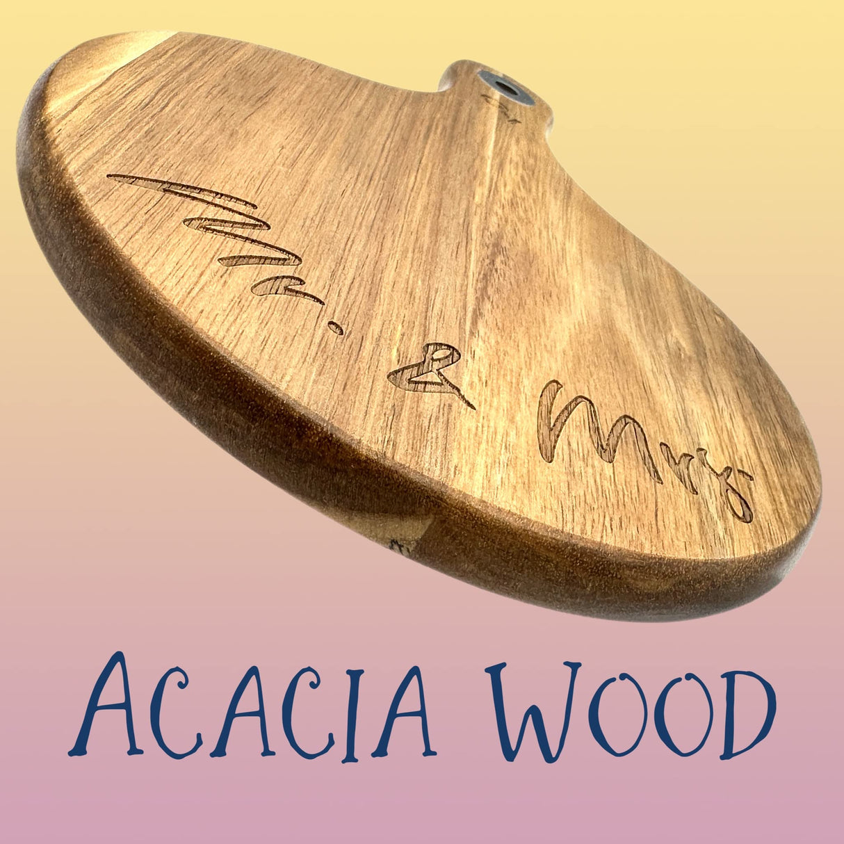 Mr & Mrs Wedding Gift Small Acacia Wood cheese board For charcuterie. Laser Engraved Present In a book like box for newlywed couples. Stainless Steel QualityVibe