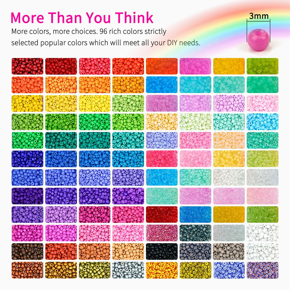 Paodey 30,000 Pcs 3mm 8/0 Glass Seed Beads Friendship Bracelet Making Kit, 96 Colors Small Beads with Letter Accessories Charms for Rings Necklaces Paodey