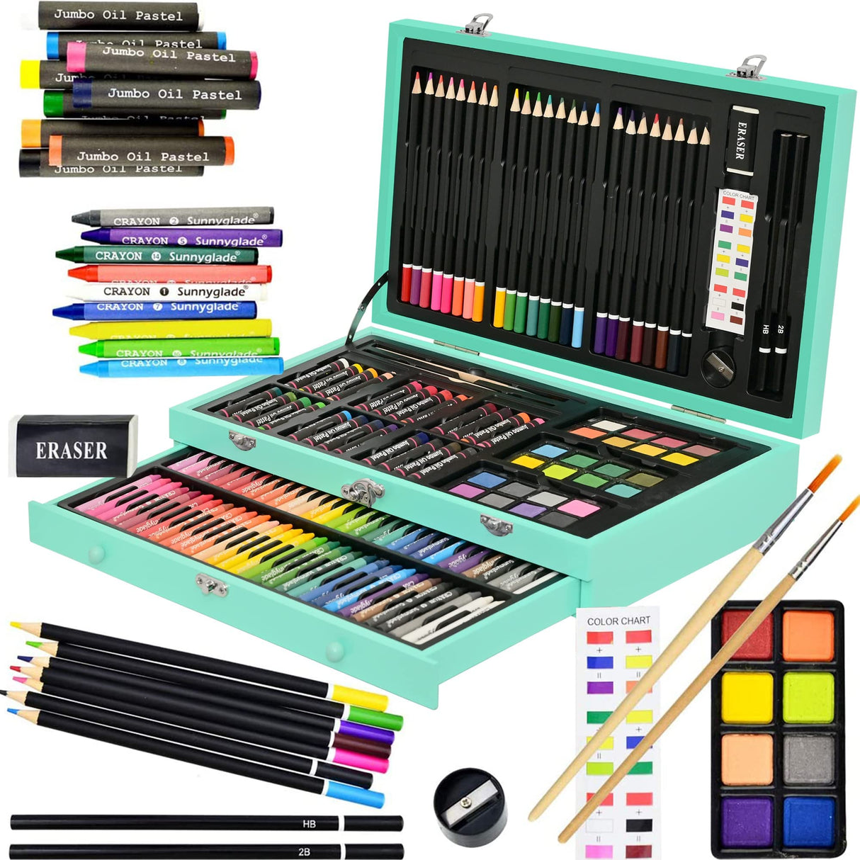 Sunnyglade 145 Piece Deluxe Art Set, Wooden Art Box & Drawing Kit with Crayons, Oil Pastels, Colored Pencils, Watercolor Cakes, Sketch Pencils, Paint Sunnyglade