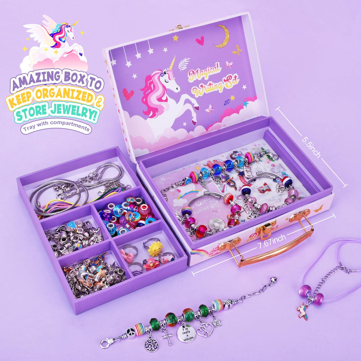 homicozy DIY Charm Bracelet Making Kit for Girls with A Unicorn Compartment Storage Box, Jewelry Making Kit Craft Beads, Necklace, Ring, Christmas homicozy