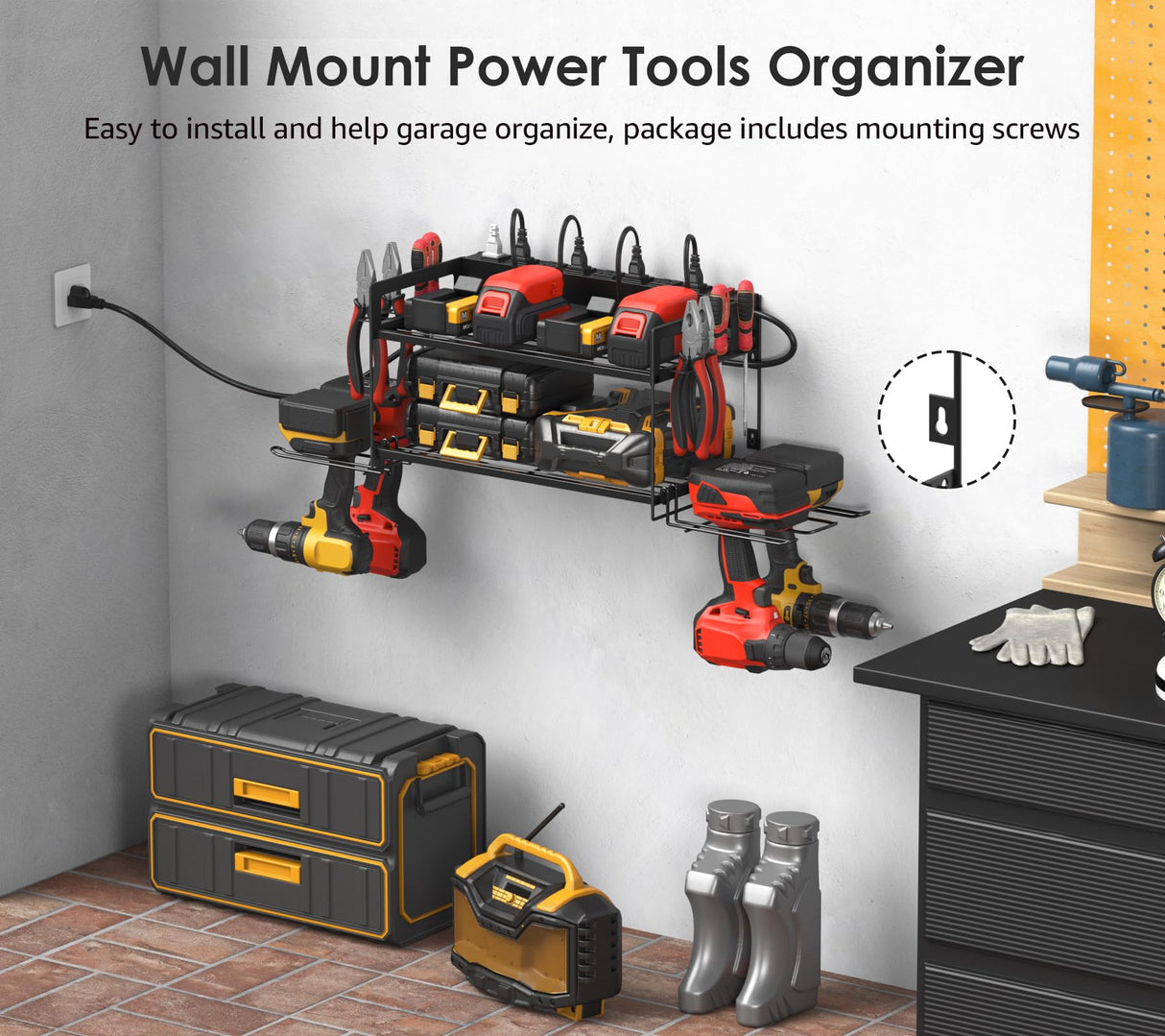 CCCEI Garage Tools Storage with Charging Station. Power Tool Battery Organizer Utility Shelf with Power Strip. 4 Drills Holder Wall Mount Rack, CCCEI