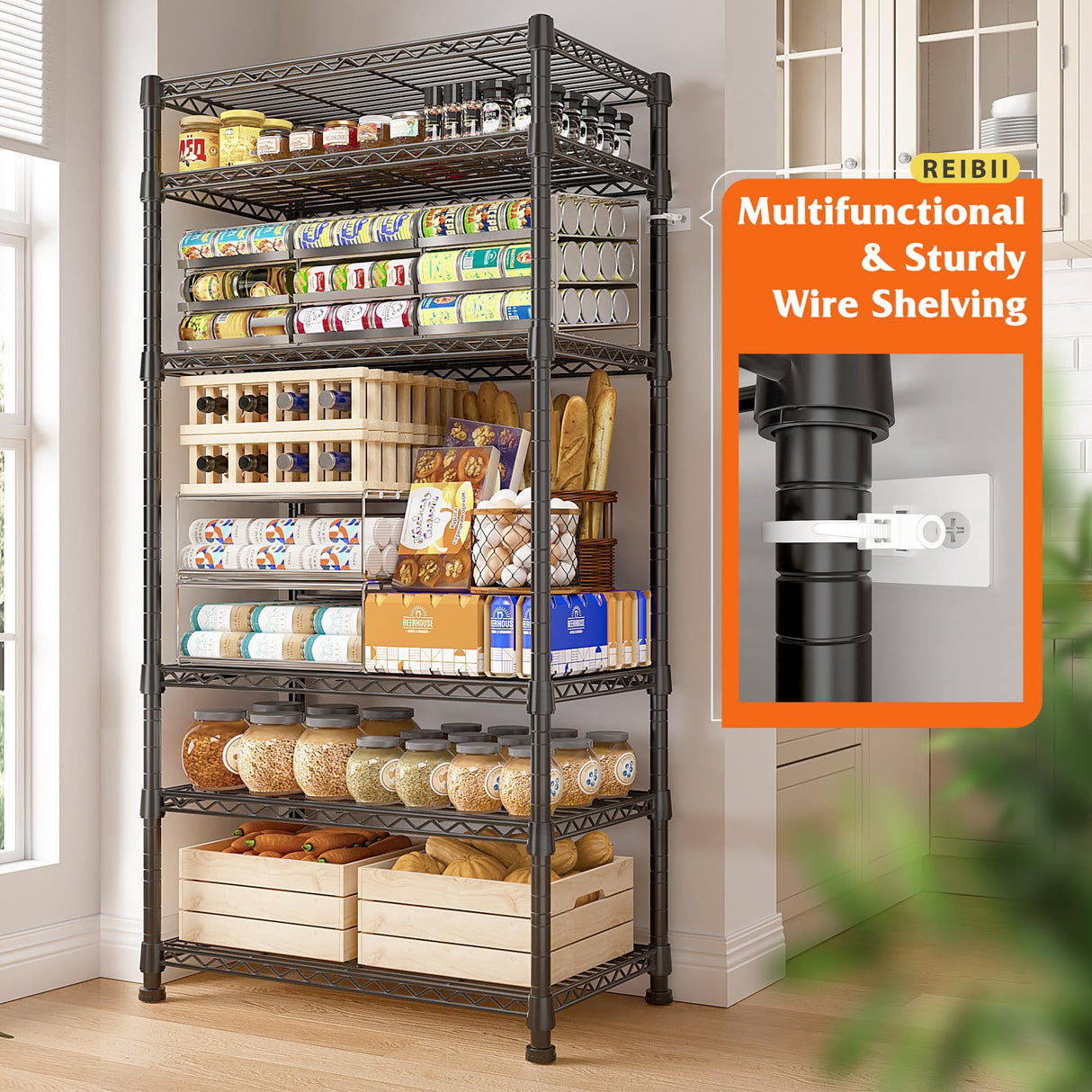 REIBII 6-tire Wire Shelving Rack,Storage Shelves Metal Shelves for Storage Load 1000 LBS,Heavy Duty Shelving Unit with Wire Shelf Adjustable Pantry REIBII