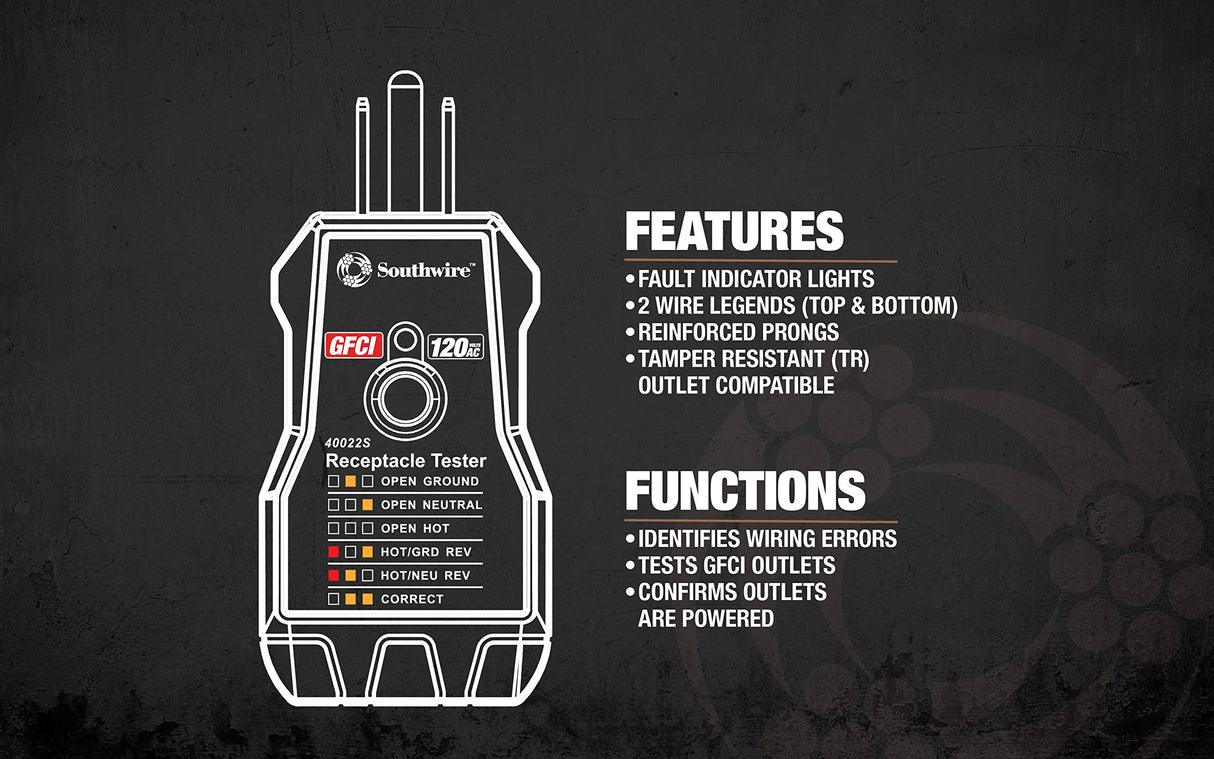 Southwire 40022S Receptacle Tester, Black Southwire