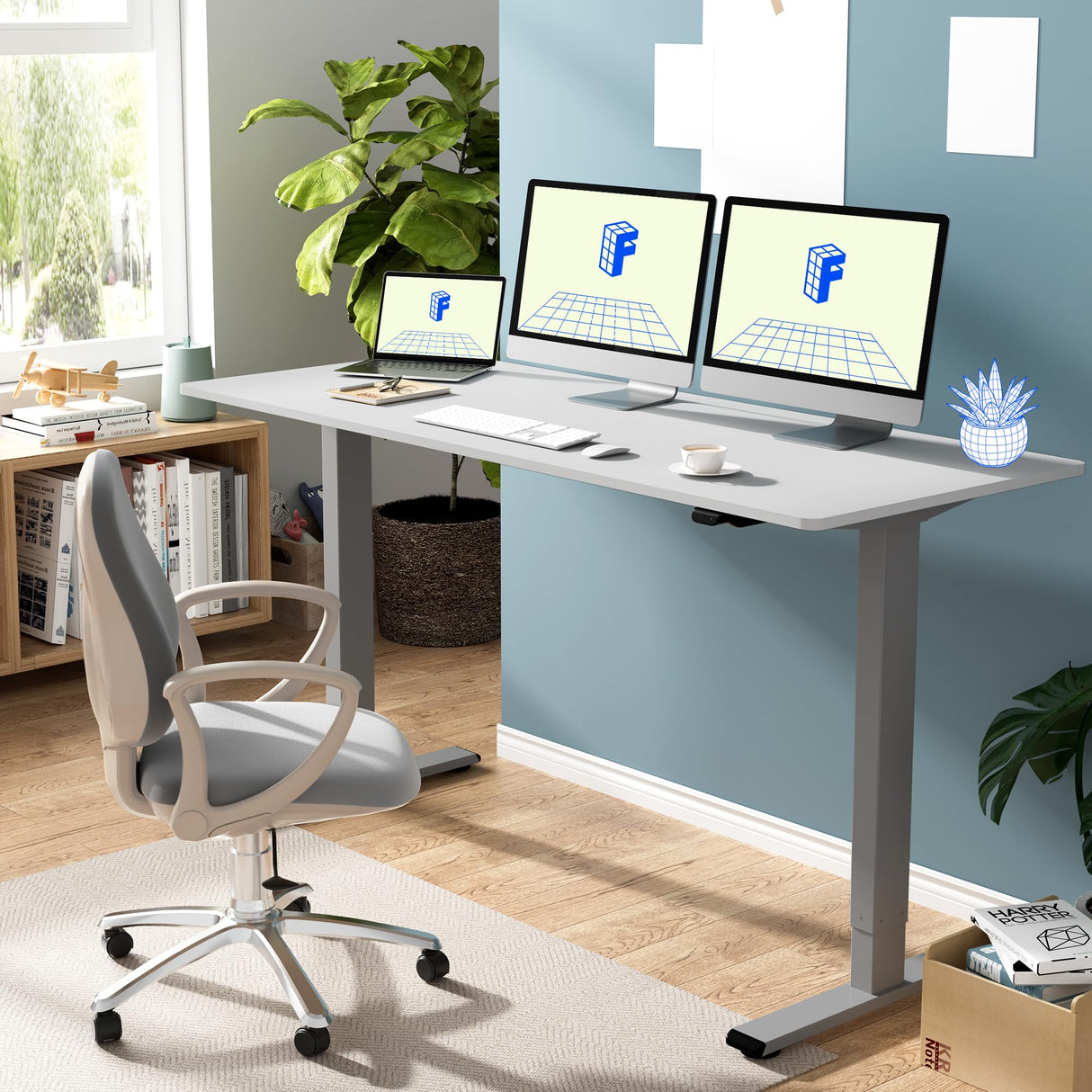 FLEXISPOT Adjustable Desk 60 x 24 Inches Stand Up Desk Workstation Electric Height Adjustable Standing Desk with Splice Board (Gray Frame + 60 inches FLEXISPOT