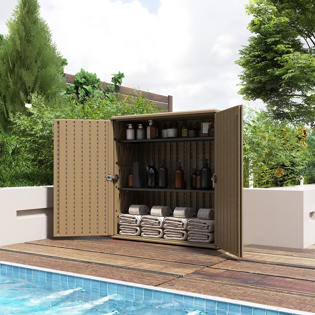 Mrosaa Outdoor Storage Cabinet Waterproof with 1 Shelf, Resin Outdoor Storage Box for Patio/Garden/Backyard/Home, Size 34.3''L*15''W*36.2''H(Brown) Mrosaa