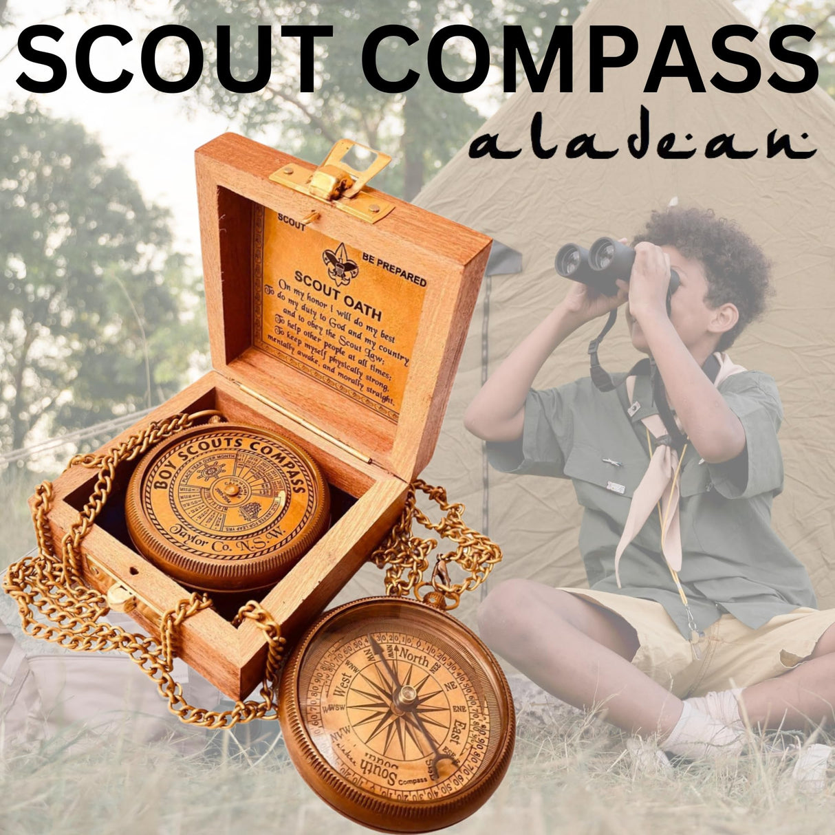 Boys Scout Compass Gift - Engraved Eagle Scout Oath Compass in Wood Box Scout Be Prepared Camping Orienteering Compass, Hiking Backpacking Compass ALADEAN