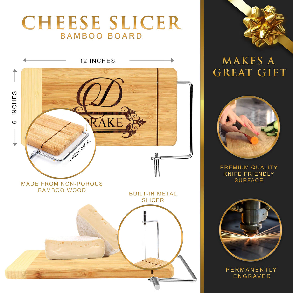 Personalized Cheese Board with Slicer - Monogrammed Bamboo Wood - Custom Engraved My Personal Memories
