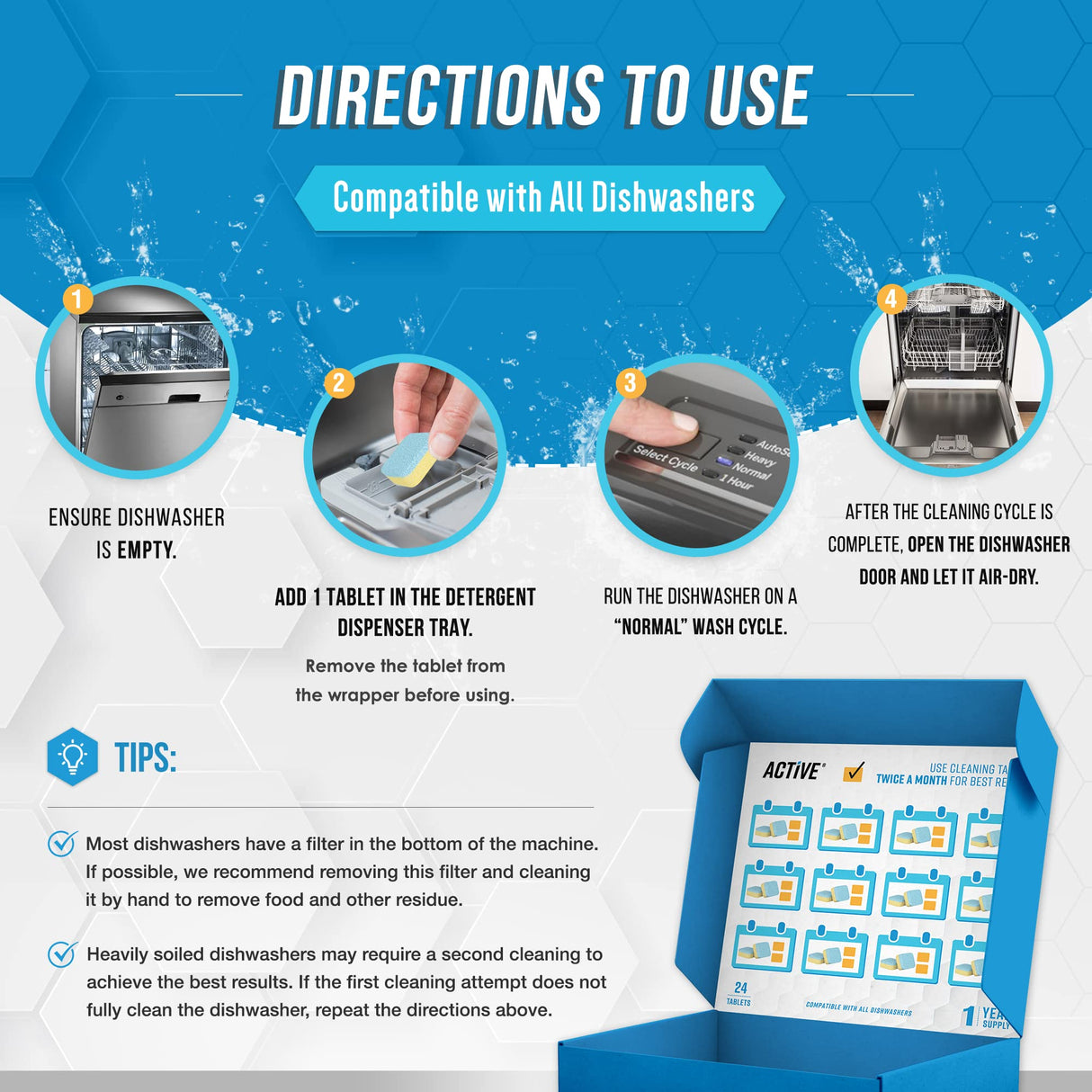 Dishwasher Cleaner And Deodorizer Tablets - 24 Pack Deep Cleaning Descaler Pods for Dish Washer Machine, Heavy Duty, Septic Safe, Natural Limescale ACTIVE