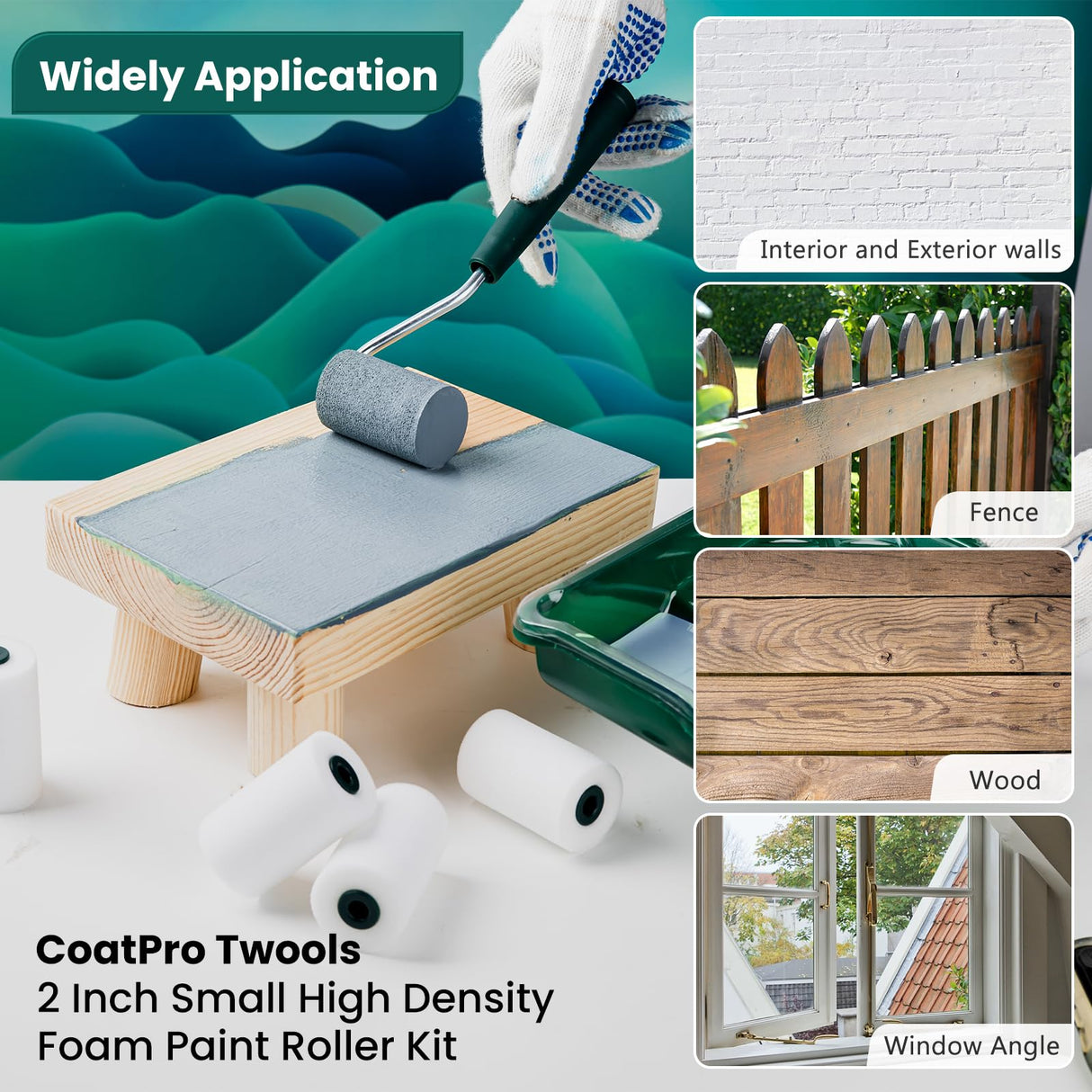 CoatPro Twools Foam Paint Roller, 2 Inch 10 Pack Small Paint Roller Kit with High-Density Foam Paint Roller, Paint Tray, Paint Tray Liner, Roller CoatPro Twools