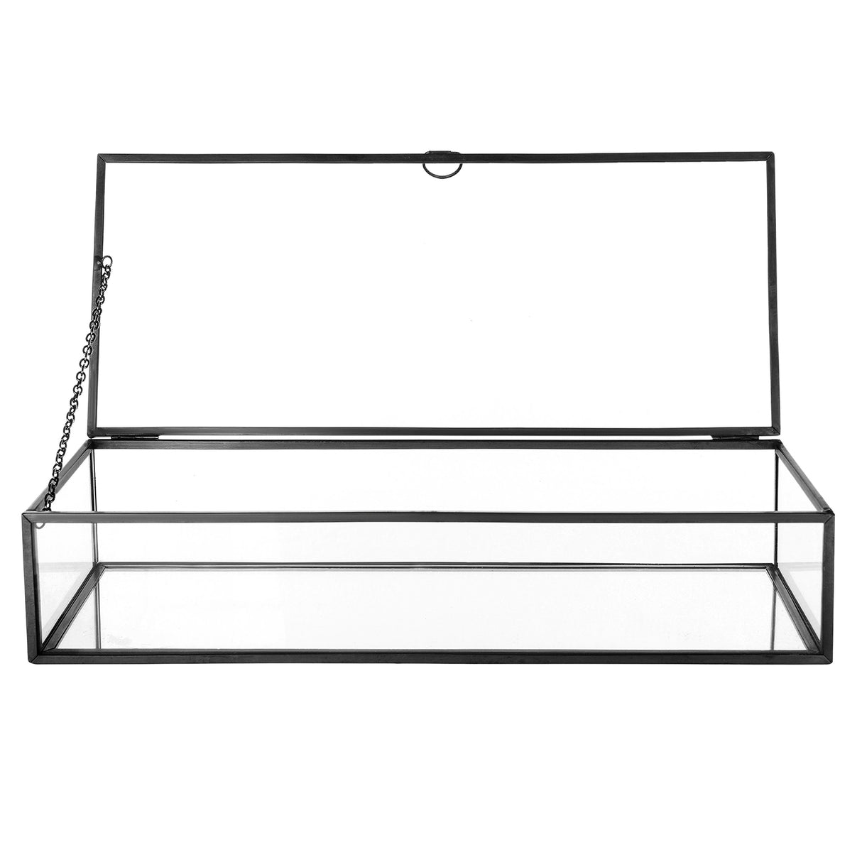 MyGift Glass Jewelry Box, Vintage Style Black Metal & Clear Glass Mirrored Shadow Box Jewelry Display Case with Hinged Top Lid MyGift