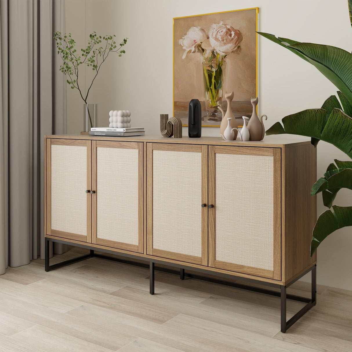 QEIUZON Modern Sideboard Cabinet, Accent Storage Cabinet with Rattan Doors and Adjustable Shelves, Freestanding Sideboard Storage Cabinet for Kitchen QEIUZON