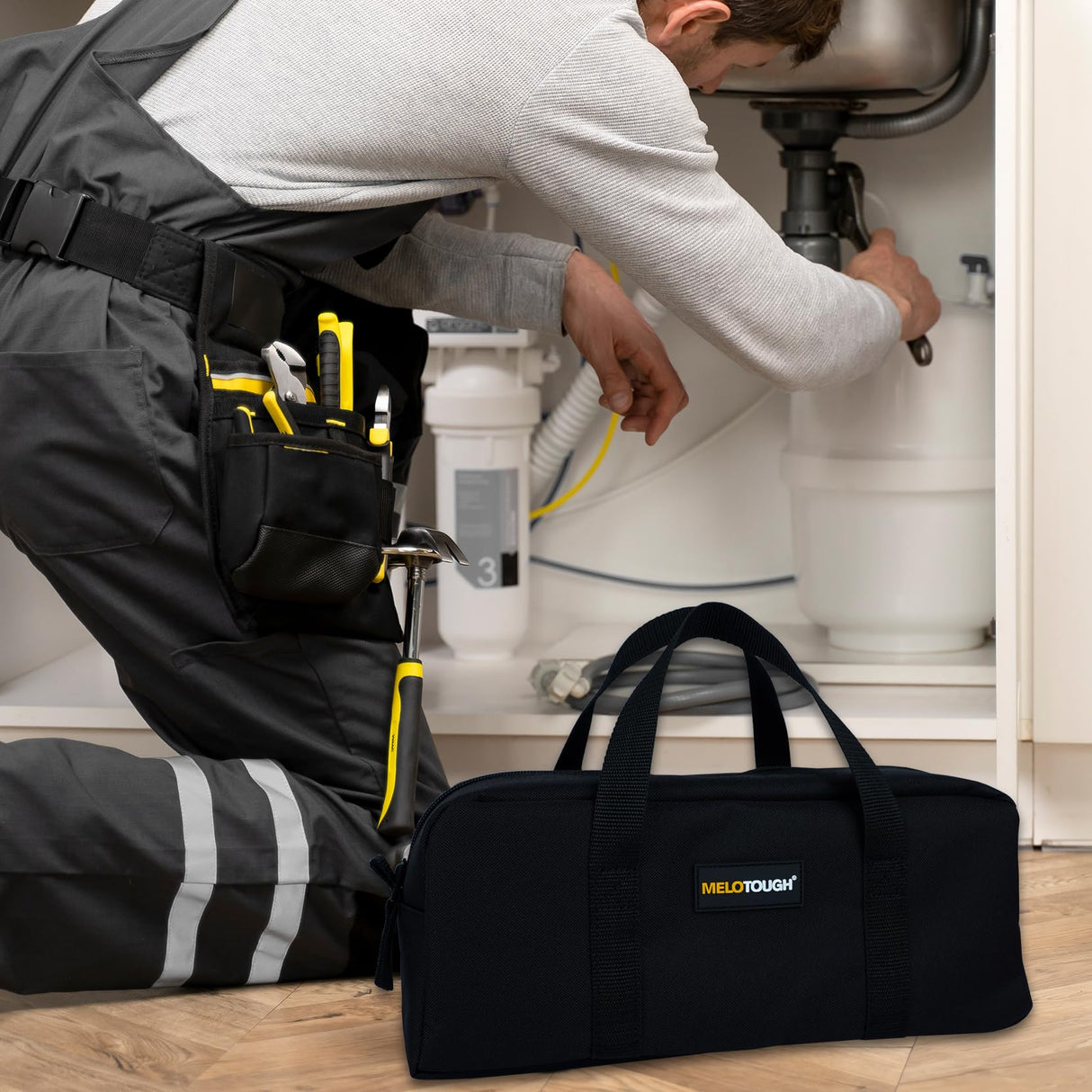 MELOTOUGH Utility Tool Tote bag Combo Kit-Includes 2 Medium Tool Organizer Bags for Electrician, Plumbing, Gardening, HVAC & More (Black&Grey) MELOTOUGH