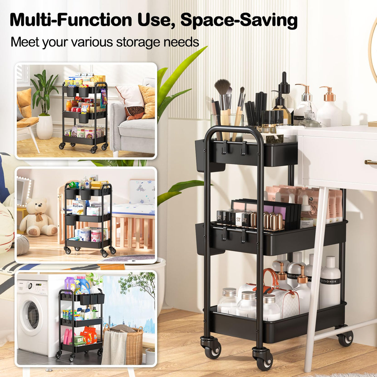 YASONIC 3 Tier Rolling Cart - Metal Utility Cart with 3 Hanging Cups & 4 Hooks, 66LBS Capacity, Mesh Rolling Storage Cart Organizer, Easy Assembly, YASONIC