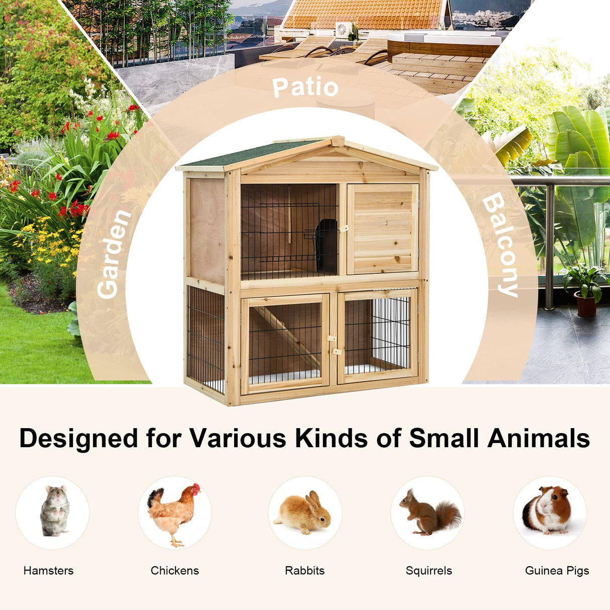 Tangkula Wood Chicken Coop and Rabbit Hutch, Indoor Outdoor Bunny Hutch with Ramp & Run, Hen Guinea Pig Cage with Waterproof Roof Ventilation Door, Tangkula