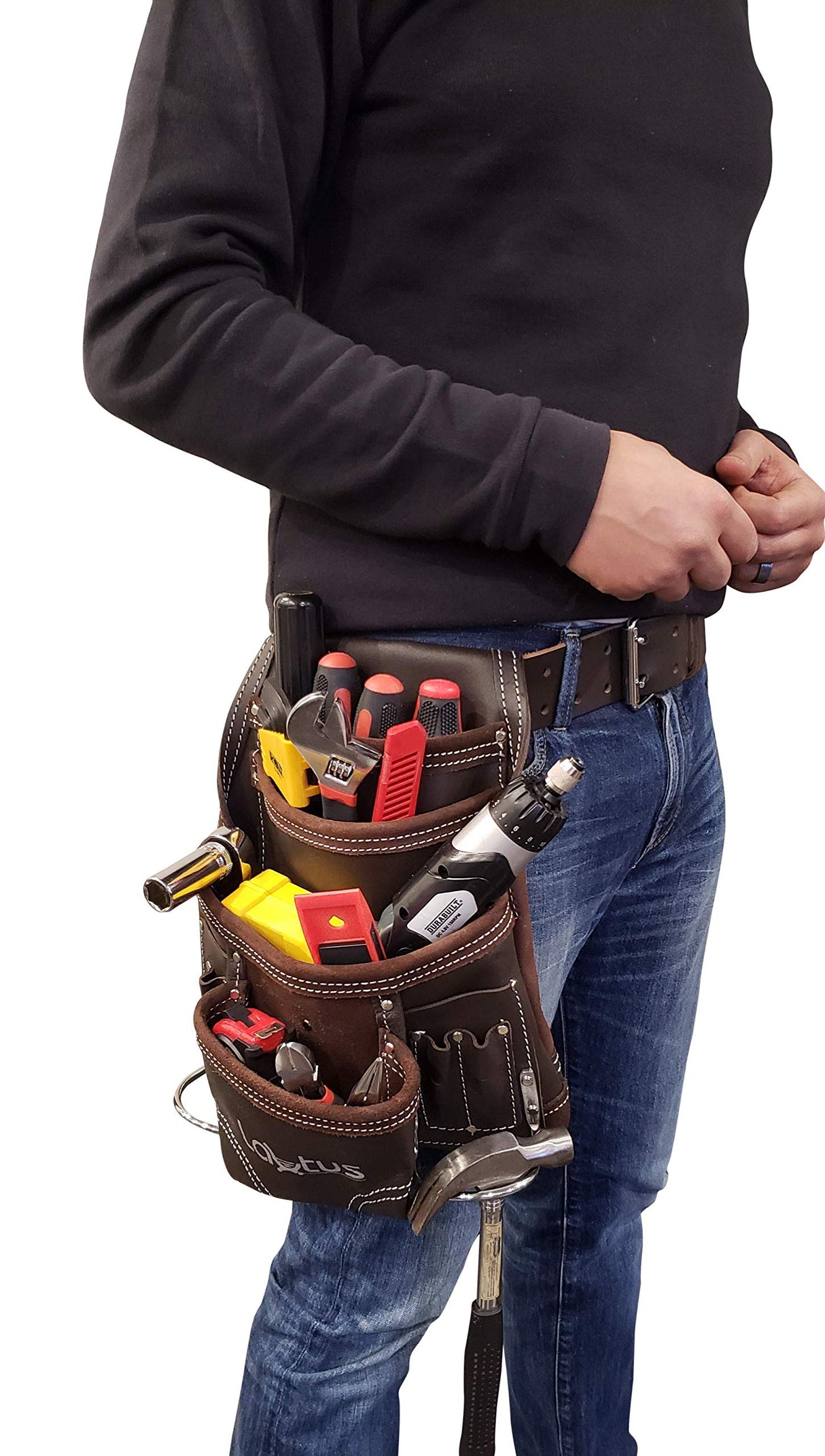 LAUTUS Oil Tanned Leather Tool Pouch Bag | Carpenter, Construction, Framers, Handyman | 10 Pockets, 2 Hammer Holders | 100% Leather Dark Brown LAUTUS