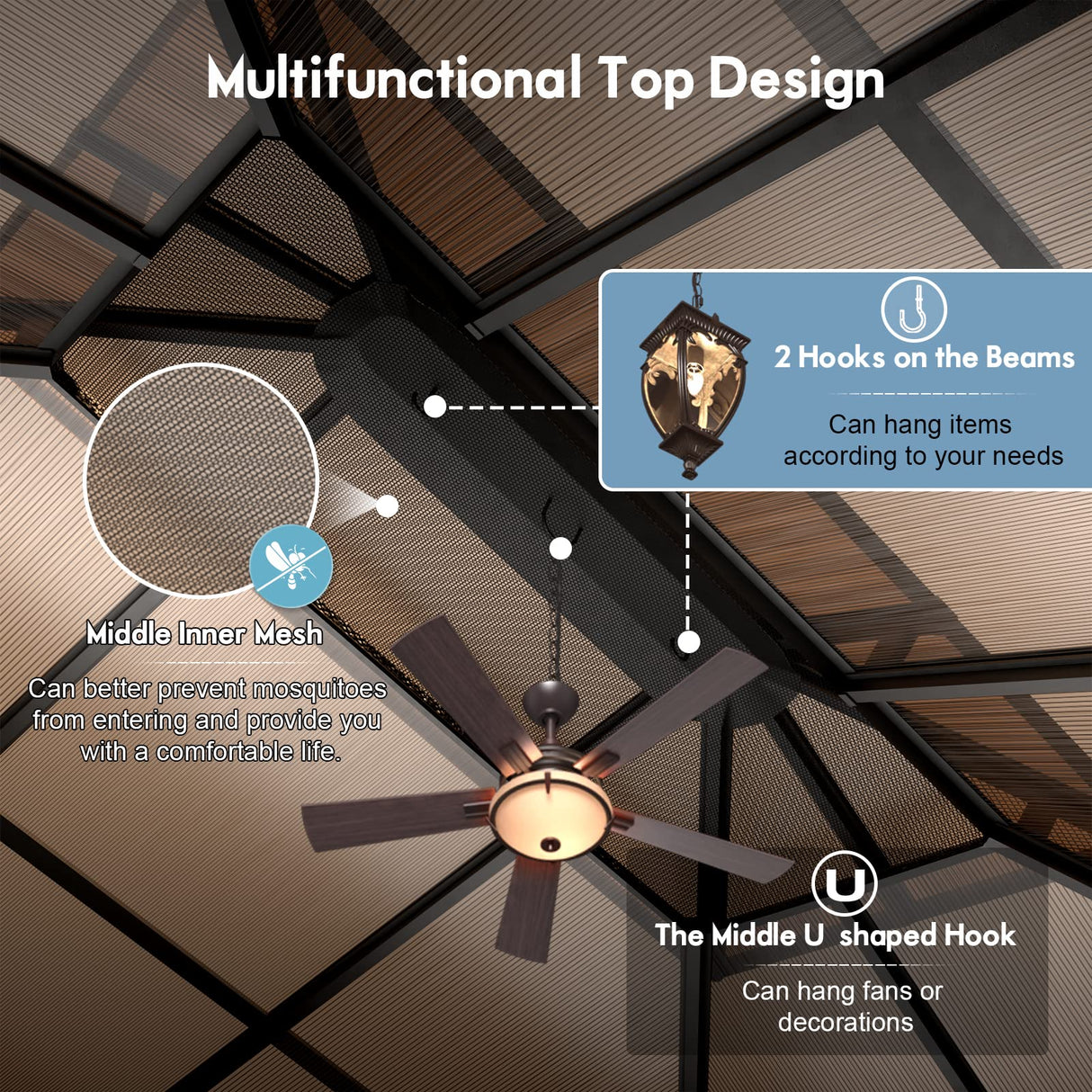Aoxun 10'x13' Hardtop Gazebo, Aluminum Frame Permanent Pavilion with Curtains and Netting, Outdoor Polycarbonate Gazebo, Double Roof Canopy, for Aoxun