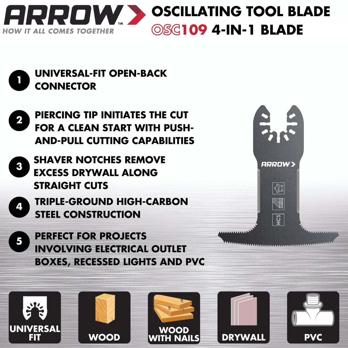 Arrow OSC109-1, 4-IN-1 Drywall Oscillating Tool Blade for Electrical Outlet Boxes, Recessed Lights, PVC, Universal, Fits Most Multitools Arrow Fastener