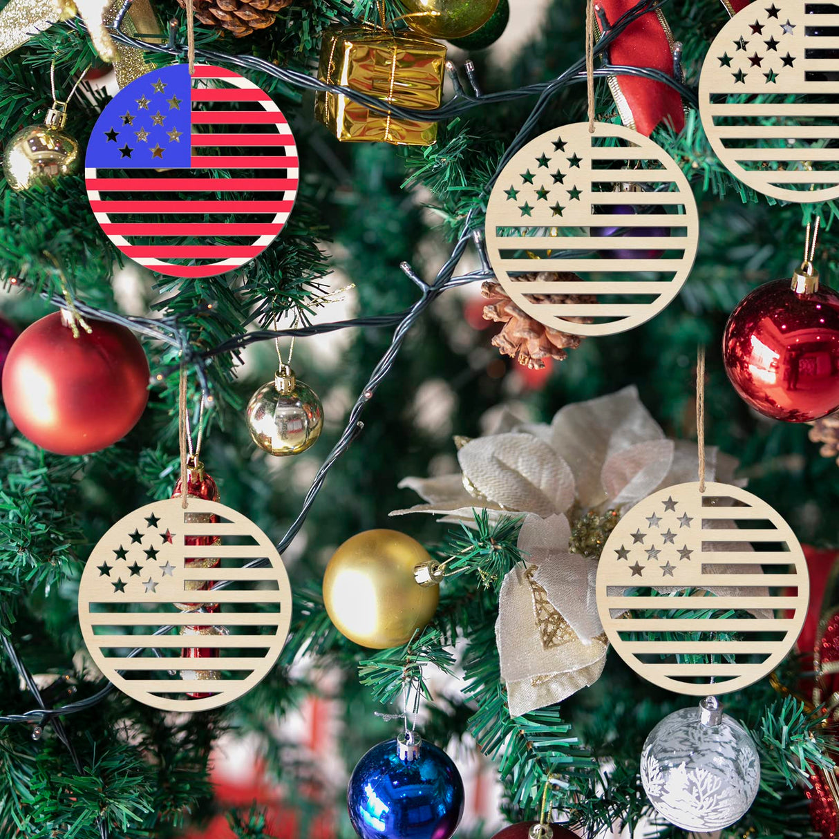 4in Patriotic Star Hanging Wood Independence Day Unfinished Wood with Twines DIY Craft Ornament for Independence Day Wedding Birthday Birthday 4th of Lamantery