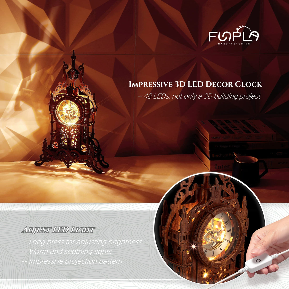 3D Wood Puzzle Clock Tower with LED Light - FUNPOLA DIY Home Décor Model FUNPOLA