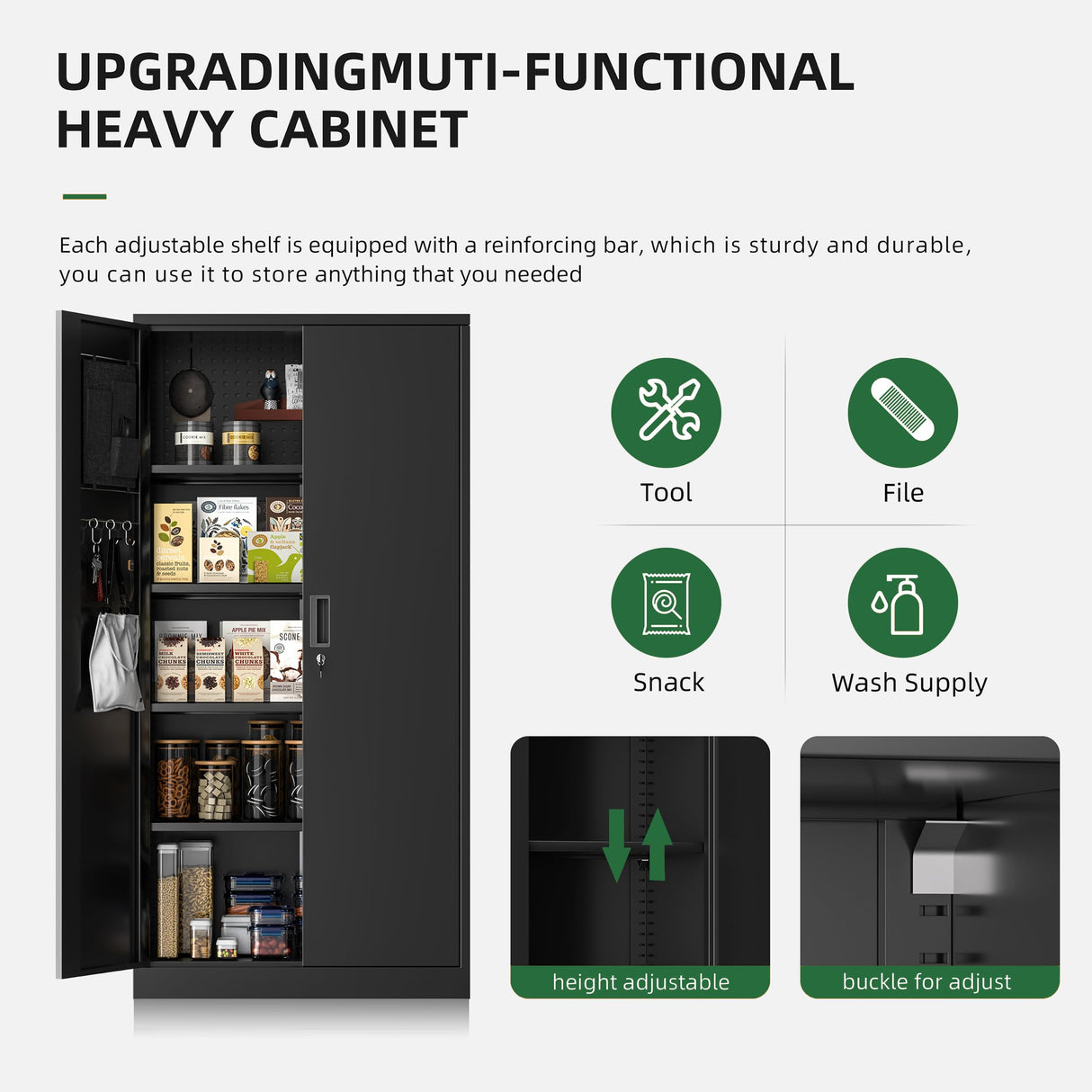 Greenvelly Metal Garage Storage Cabinet with with Pegboard,Black Tool Steel Cabinet with Doors and Adjustable Shelves, Tall Lockabke Garage Cabinet Greenvelly