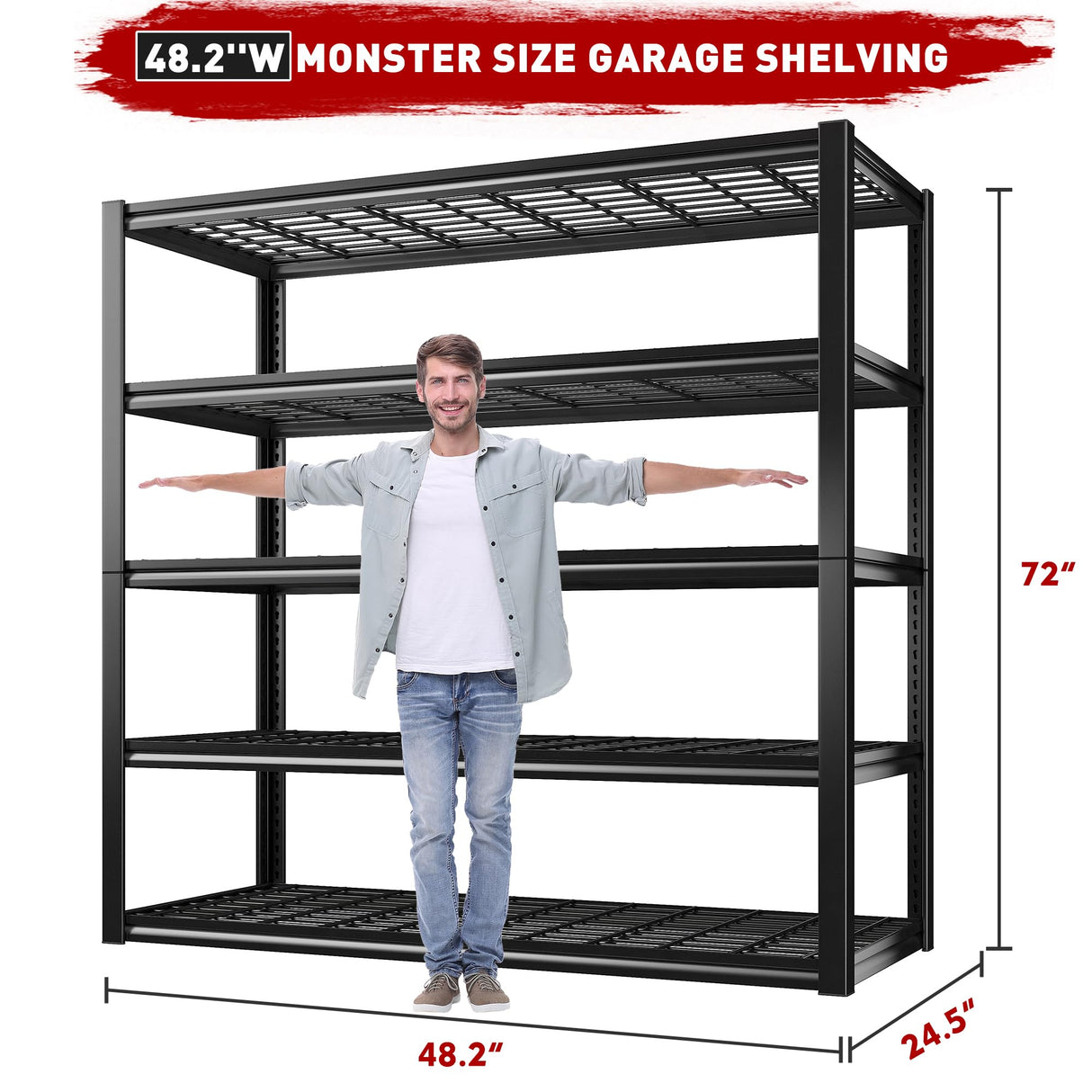 REIBII 48.2''W Garage Shelving Heavy Duty Loads 3010LBS Garage Storage Shelves Heavy Duty Shelving 5 Tier Adjustable Metal Shelving for Storage Rack REIBII