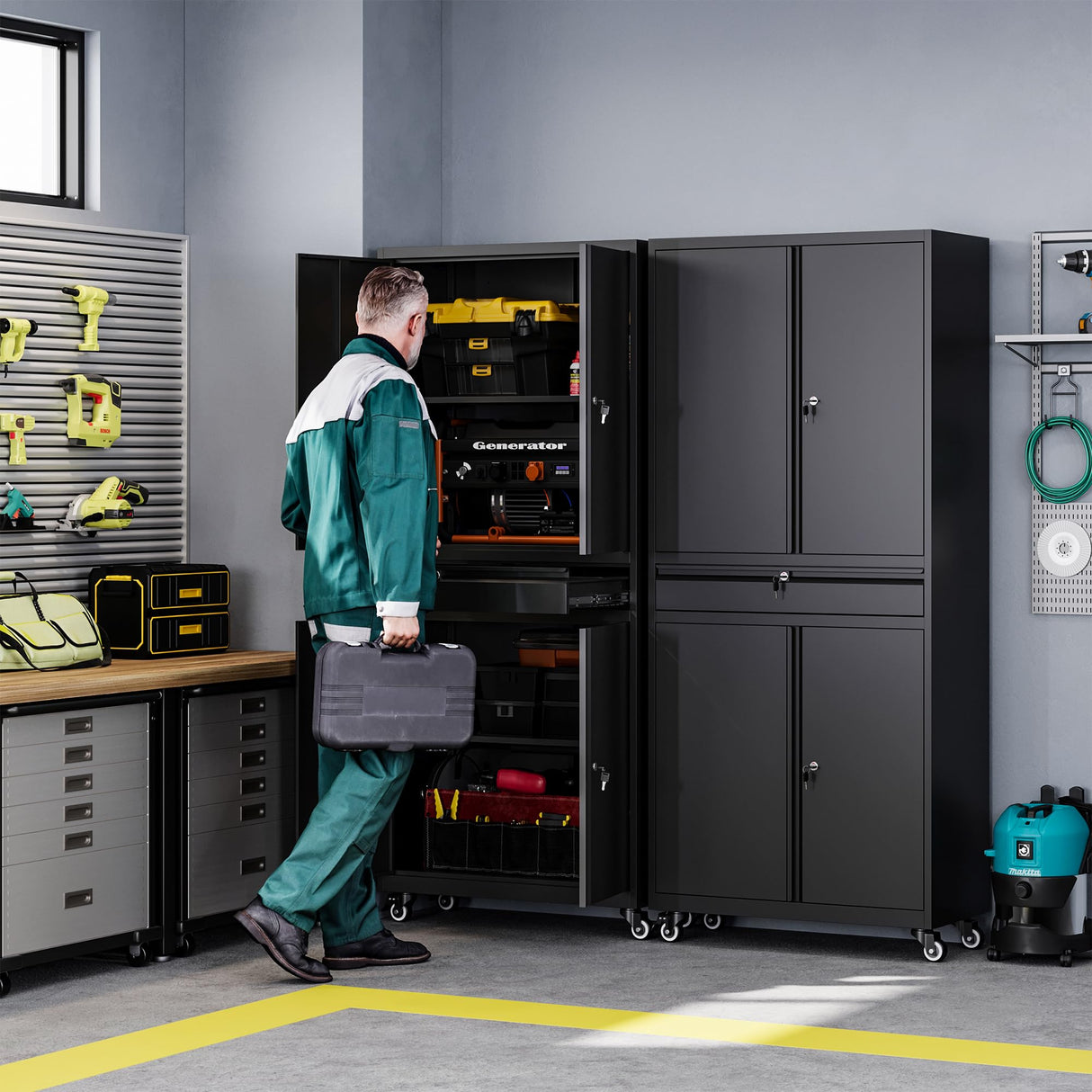 Letaya Metal Garage Storage Cabinet with Wheels,72“ Rolling Tool Cabinet with 4 Door Lock-Adjustable Shelves and Drawer for Garage Home Office Letaya