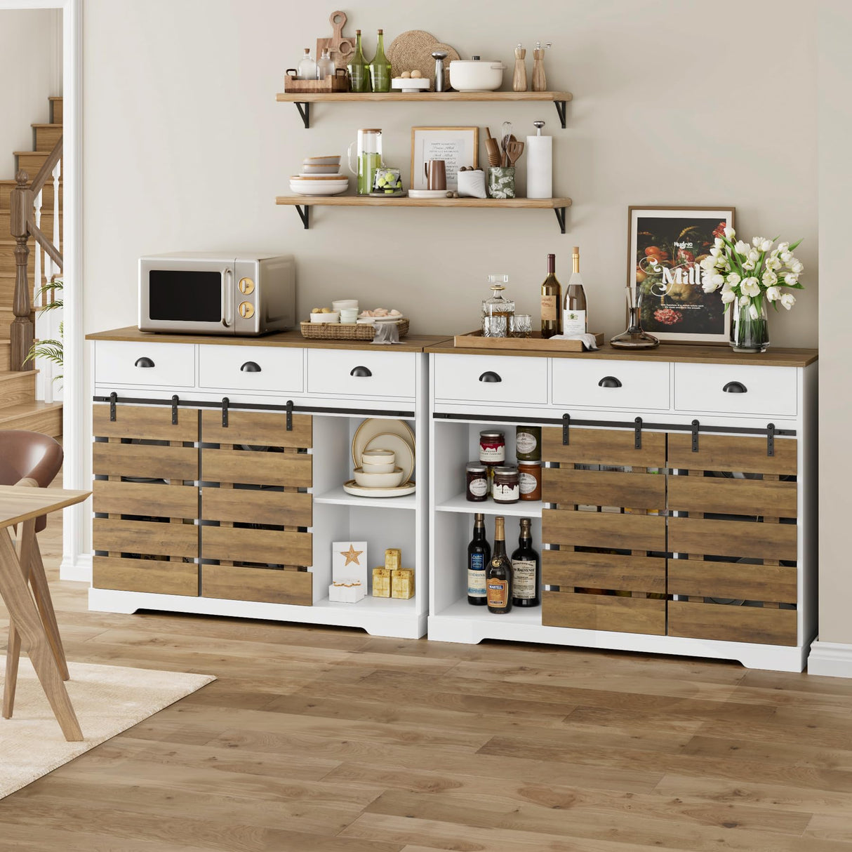 HOSTACK Farmhouse Coffee Bar Cabinet, 47" Kitchen Buffet Cabinet with Storage, Barn Doors Sideboard Storage Cabinet, Wood Buffet Sideboard with HOSTACK