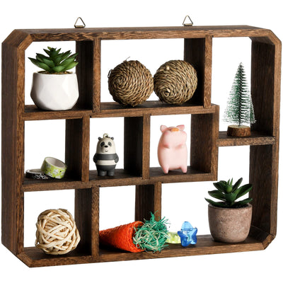 Frcctre Rustic Shadow Box Display Shelf, 9 Compartments Wood Hanging Display Shelf Floating Shelf, Multi-Slot Wall Mounted or Freestanding Farmhouse