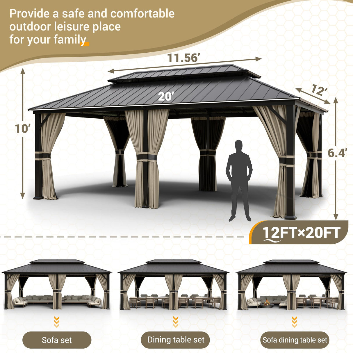 UDPATIO 12' x 20' Hardtop Gazebo, Outdoor Aluminum Gazebo with Galvanized Steel Double Roof, Permanent Metal Canopy with Curtains and Netting for UDPATIO