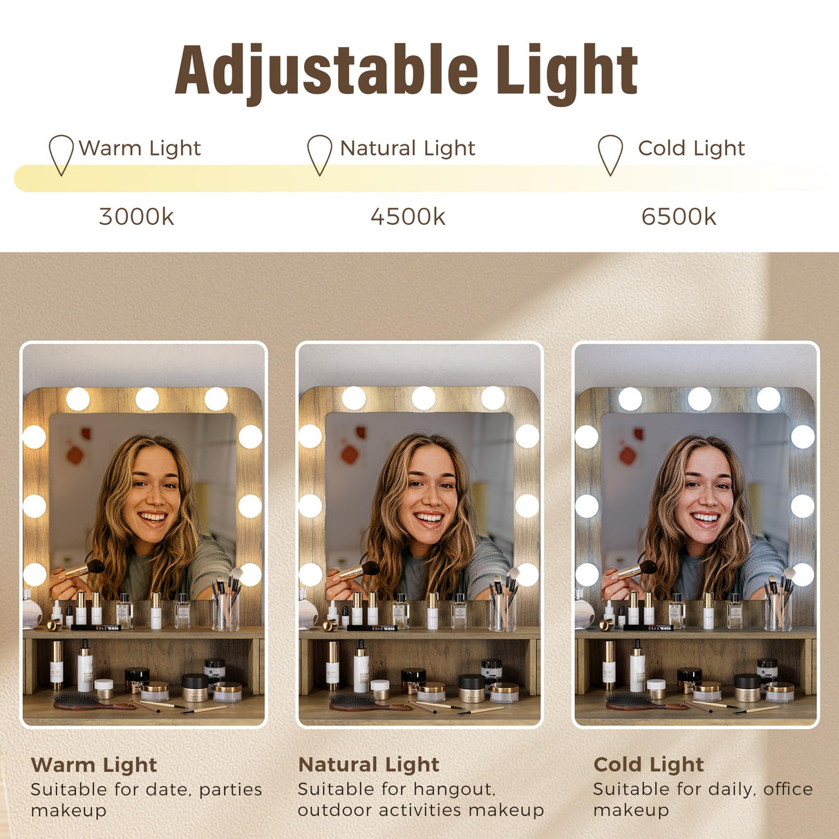 RoyalCraft Vanity, Makeup Vanity Desk with 3 Color Dimmable Lighted Hollywood Mirror, Brown Vanity with 4 Drawers, Large Dressing Table for Women RoyalCraft