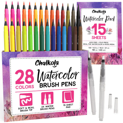 Chalkola Watercolor Brush Pens for Lettering, Coloring, Calligraphy - Set of 28 Watercolor Pens, 15 Painting Pad & 2 Watercolor Markers - Drawing Art
