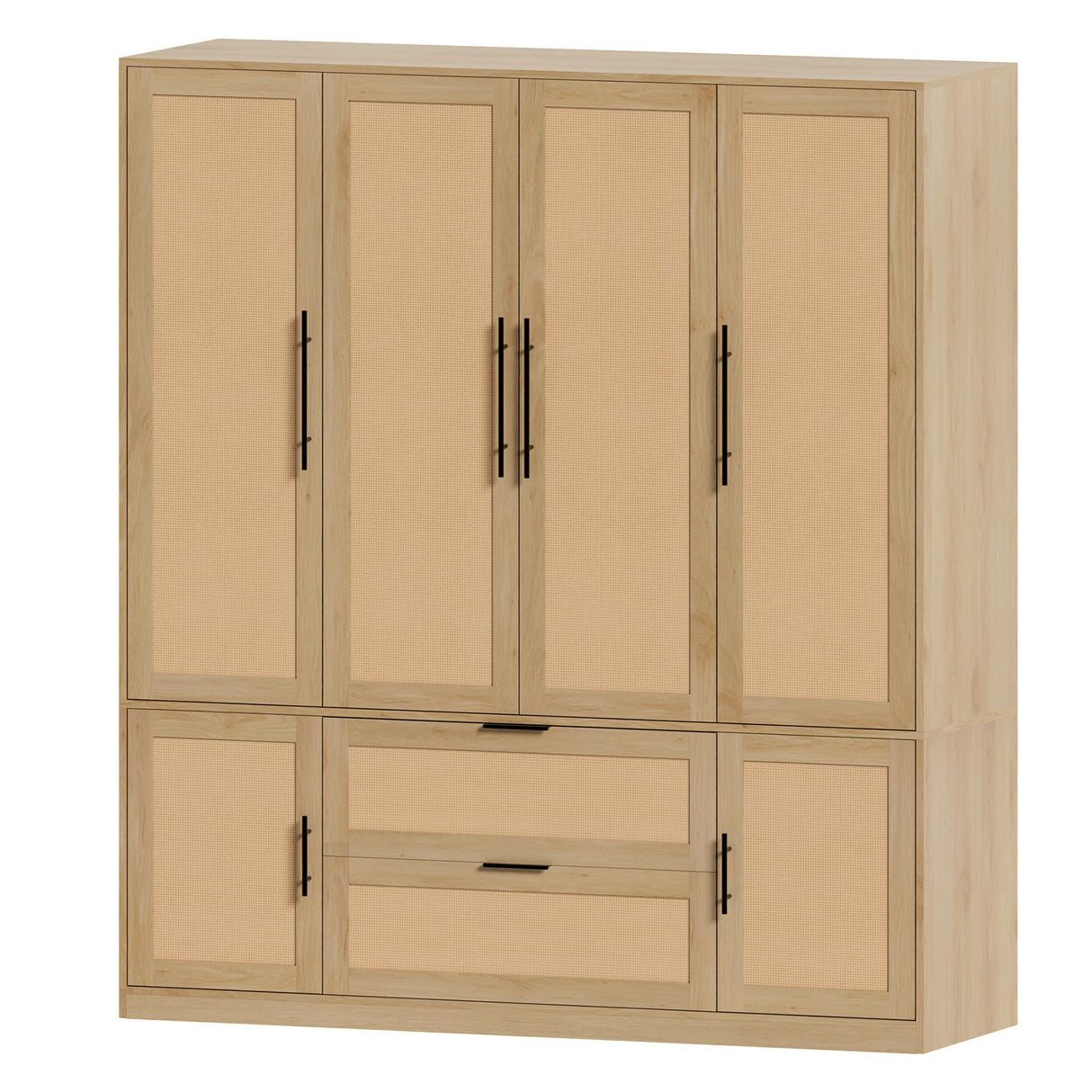 UEV Brown 6 Doors Rattan Armoire Wardrobe Closet,63" Large Armoire Storage Cabinet with 2 Drawers Side Shelves,Wooden Wardrobe Closet with 2 Hanging UEV