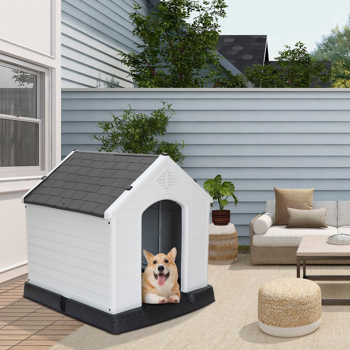 Pet Republic Large Plastic Dog House Indoor Outdoor Doghouse Dog Kennel Easy to Assemble Puppy Shelter w/Air Vents Elevated Floor Waterproof Pet Republic