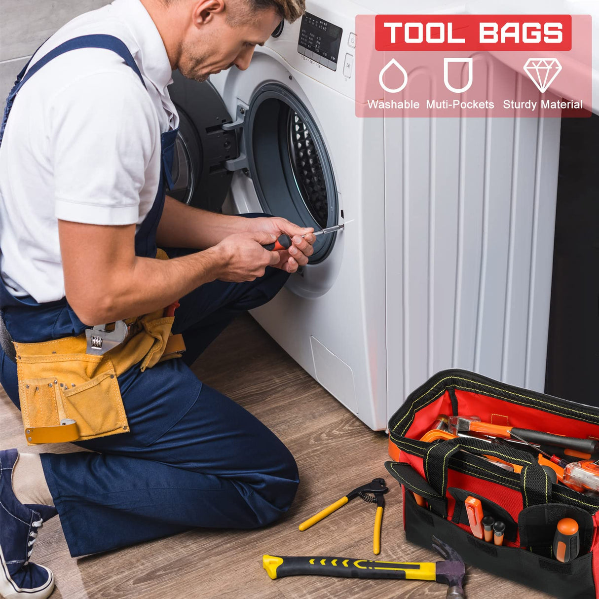 4 Pieces Tool Bag with Waterproof Strong Molded Base Multi Pockets Wide Mouth Tool Tote Multifunctional Tool Bag Large Capacity Organizer Heavy Duty Cunno