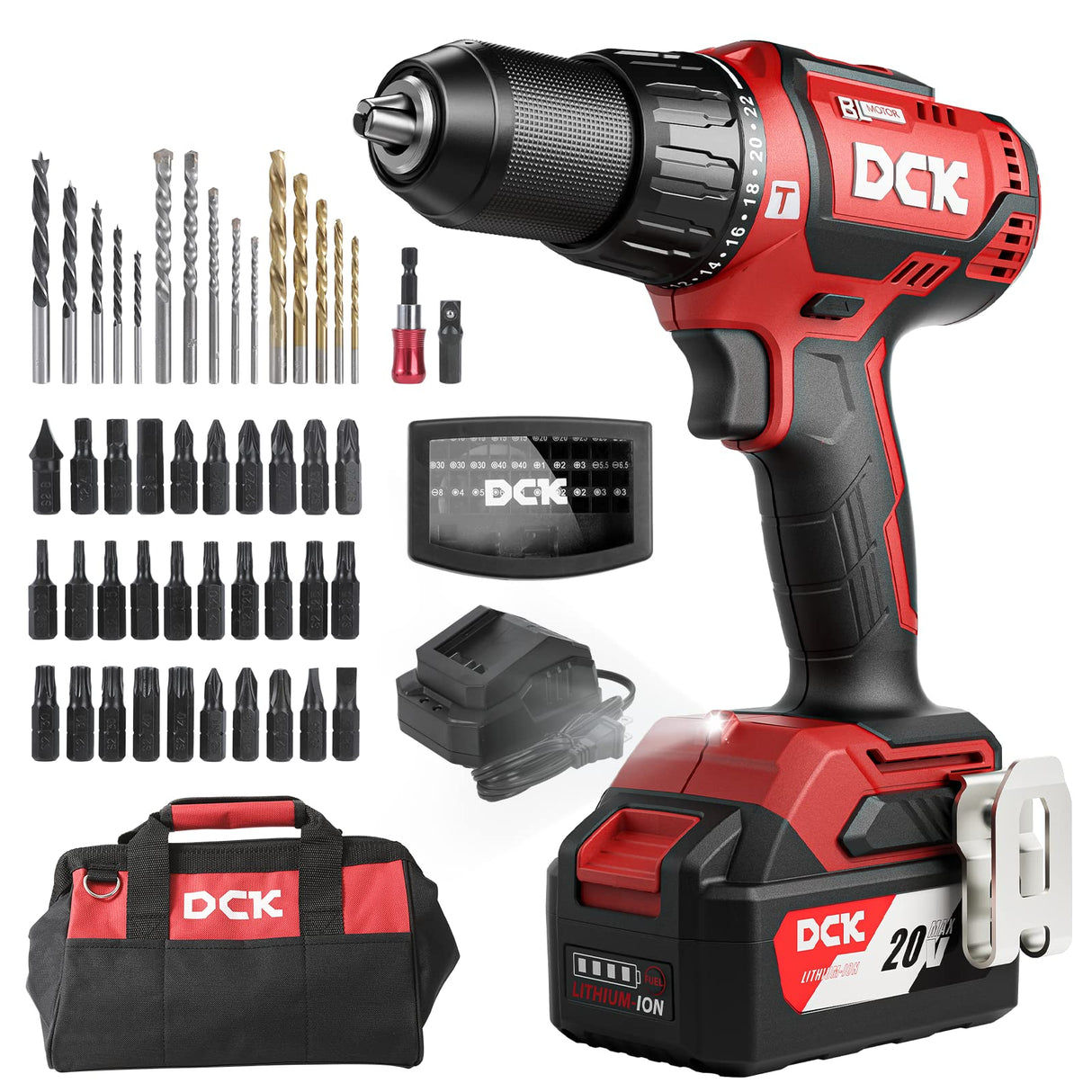 DCK Brushless Hammer Drill, 20V Max Hammer Drill Cordless, 531In-lb,36000 BPM,1/2" All-Metal Chuck, Variable Speeds, 22+1+1 Torque Setting, 4.0Ah DCK