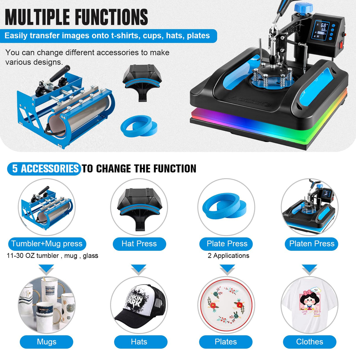 Topdeep Pro Heat Press 15x15 Inch, 5 in 1 Heat Press Machine with 30 OZ Tumbler Press, Swing Away T Shirt Pressing Machine, Combo Tumbler Heat Press Topdeep