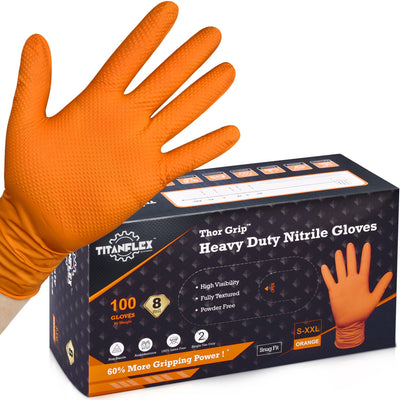 TITANflex Thor Grip Heavy Duty Industrial Orange Nitrile Gloves 8-mil Disposable Latex Free with Raised Diamond Texture Grip, Powder Free, Rubber
