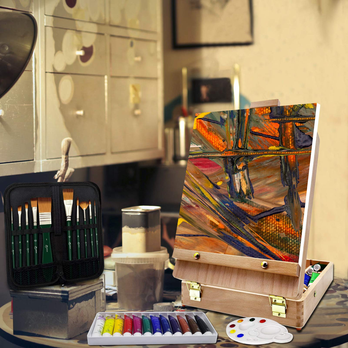 Deluxe Art Supplies 27 Pieces Art Set with Tabletop Easel, 12 Colors Acrylic Paint, 10 Paint Brushes, 3 Canvas Panels, Palettes Miratuso