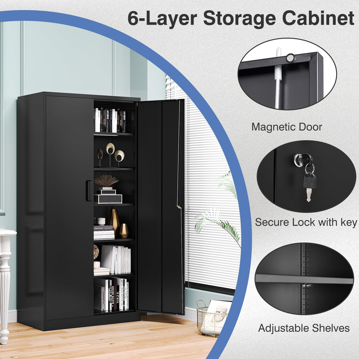LISSIMO Metal Garage Storage Cabinet,Tall Black Cabinet with Doors and Adjustbale Shelves,Lockable Tool Cabinet for Garage, Basement, Home Office LISSIMO