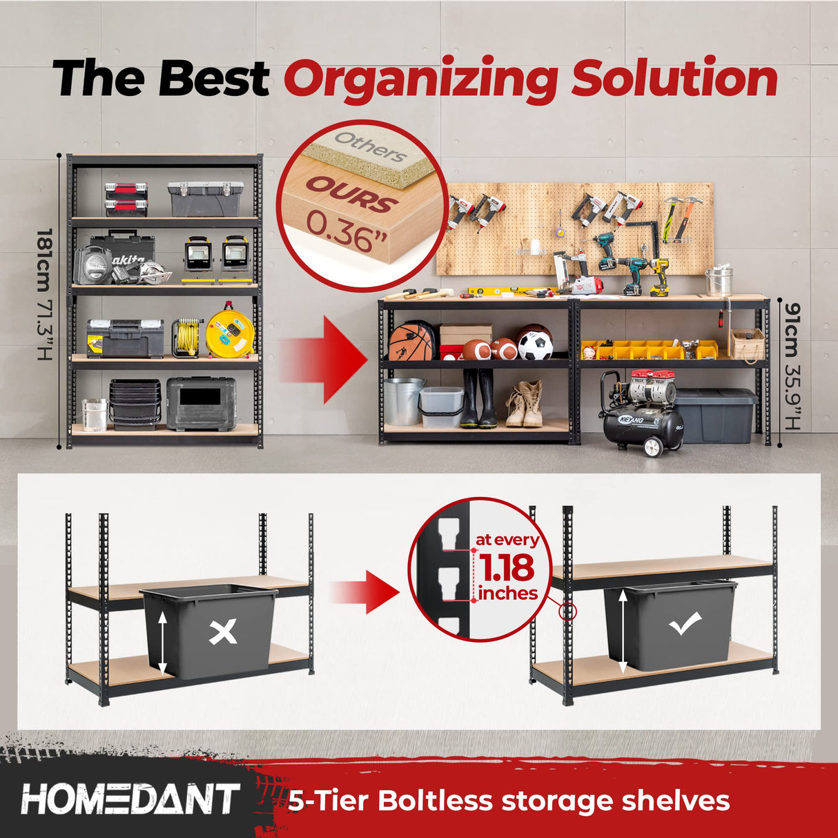 HOMEDANT Z-beam 5 Tier Laminated Heavy Duty Garage Storage Adjustable Wide Size Metal Shelving Unit Utility Rack Shelves Organization Multipurpose HOMEDANT