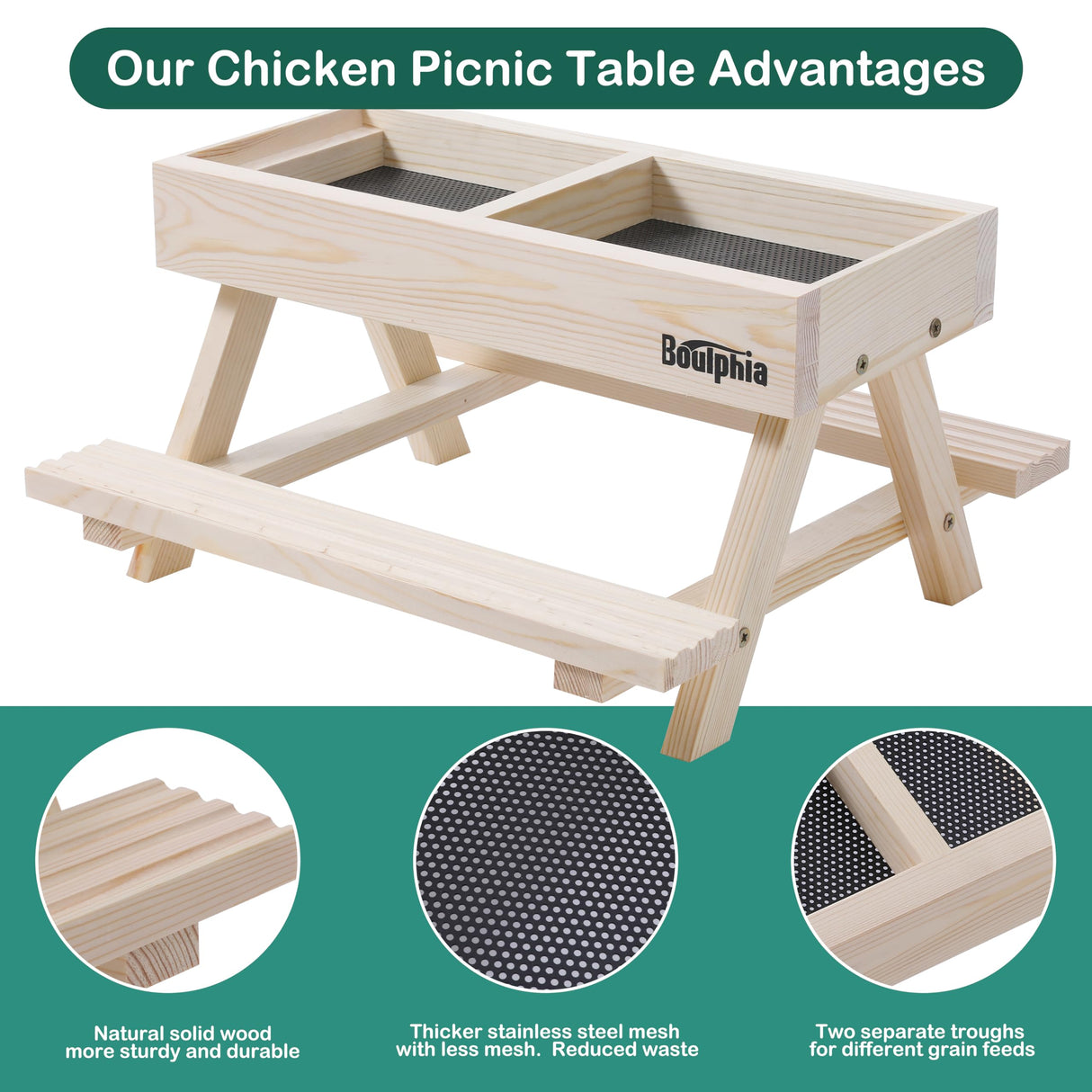 Boulphia Chicken Feeders and Waterers, Chicken Feeder No Waste Kit with Chicken Picnic Table and 2 Chicken Water Feeder, Handmade Wooden Chicken Boulphia