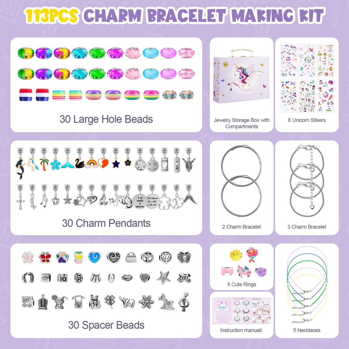 homicozy DIY Charm Bracelet Making Kit for Girls with A Unicorn Compartment Storage Box, Jewelry Making Kit Craft Beads, Necklace, Ring, Christmas homicozy