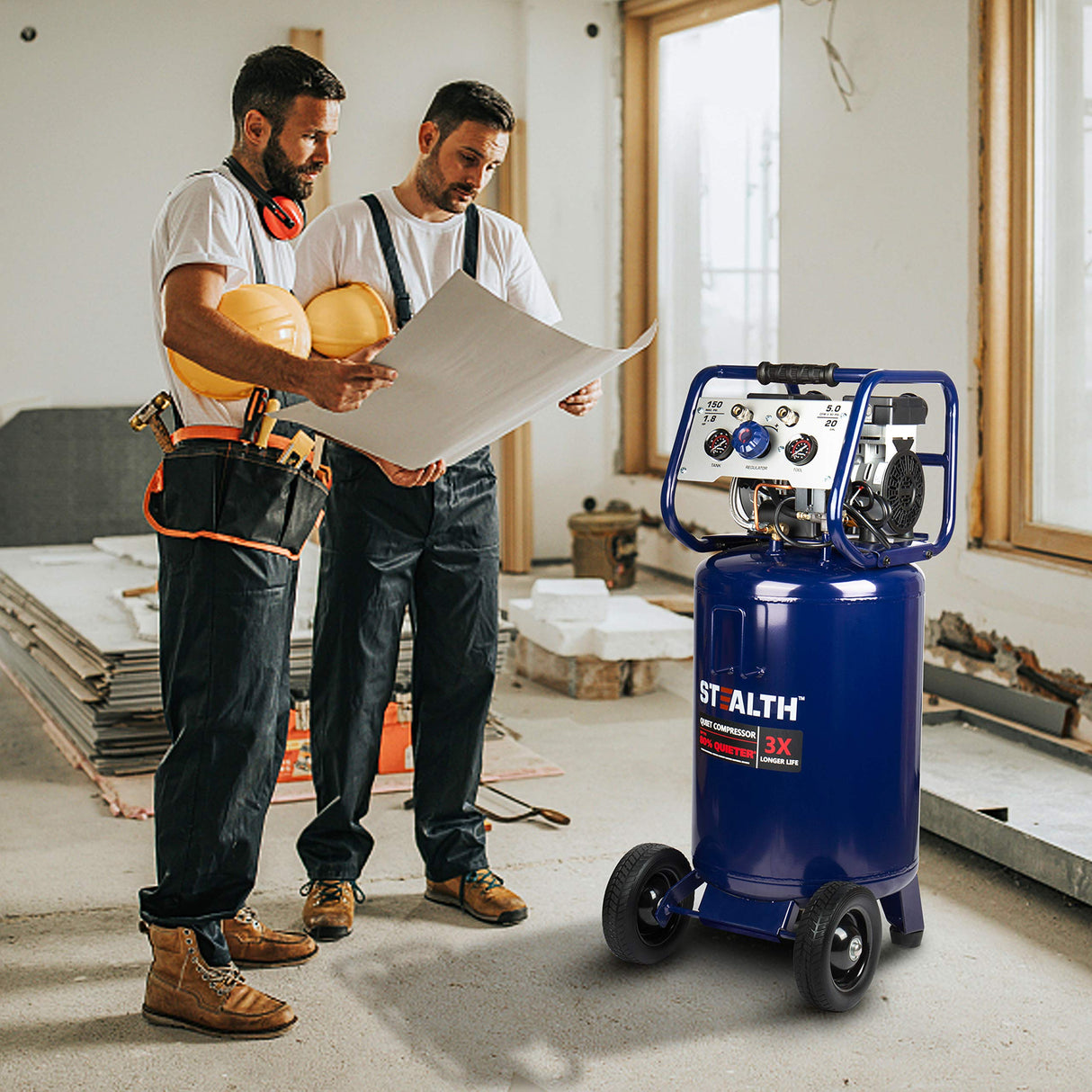 Stealth 20 Gallon Ultra Quiet Air Compressor,1.8 HP Oil-Free Peak 150 PSI 68 Decibel Air Compressor,5.5 CFM @ 40 PSI 5 CFM @ 90 PSI Silent Portable Stealth