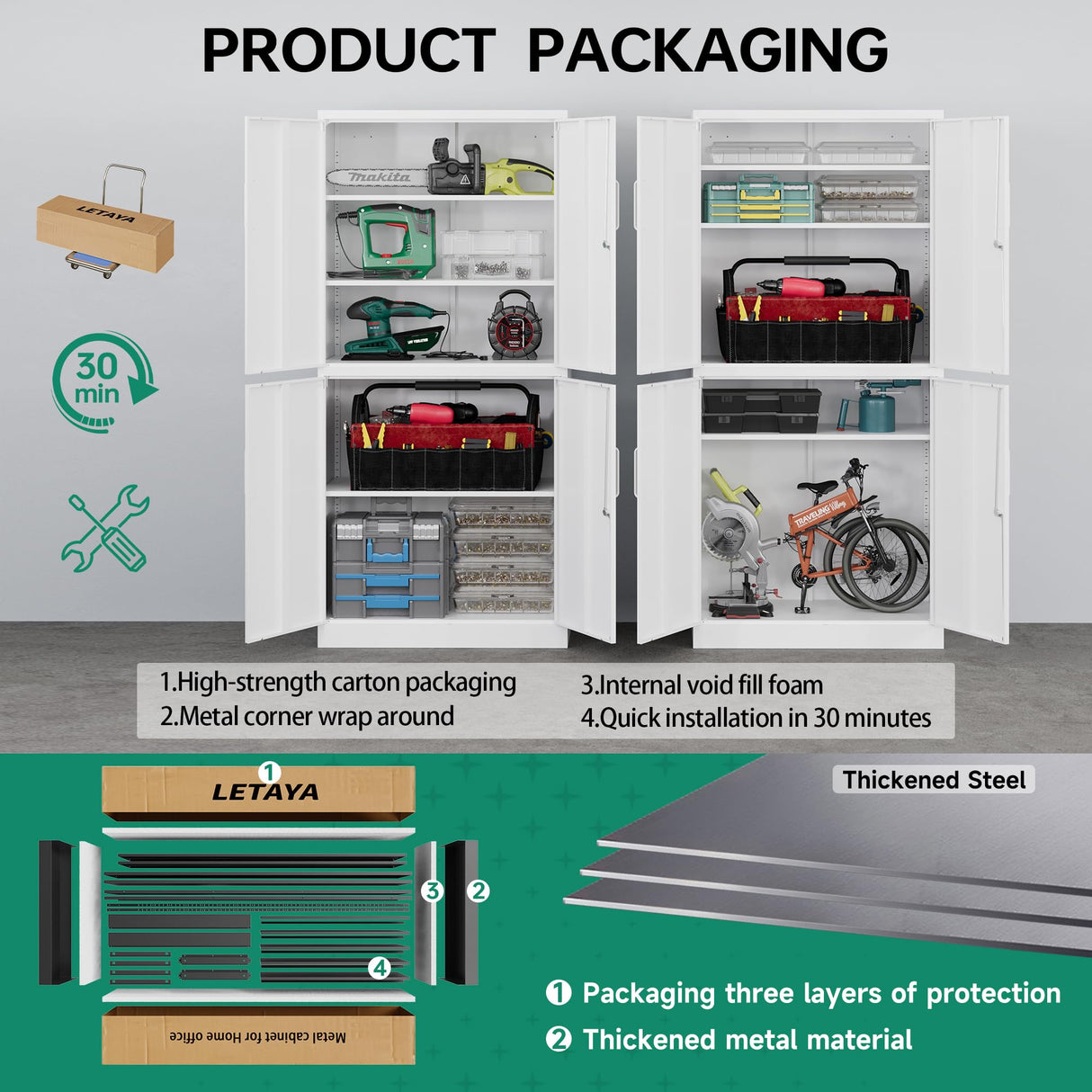 Letaya Metal Storage Cabinet with Lock Door, Adjustable Shelf Steel Cabinets for Office, Home,Pantry,Kitchen,Garage Utility Cabinet (4 Door-White) Letaya